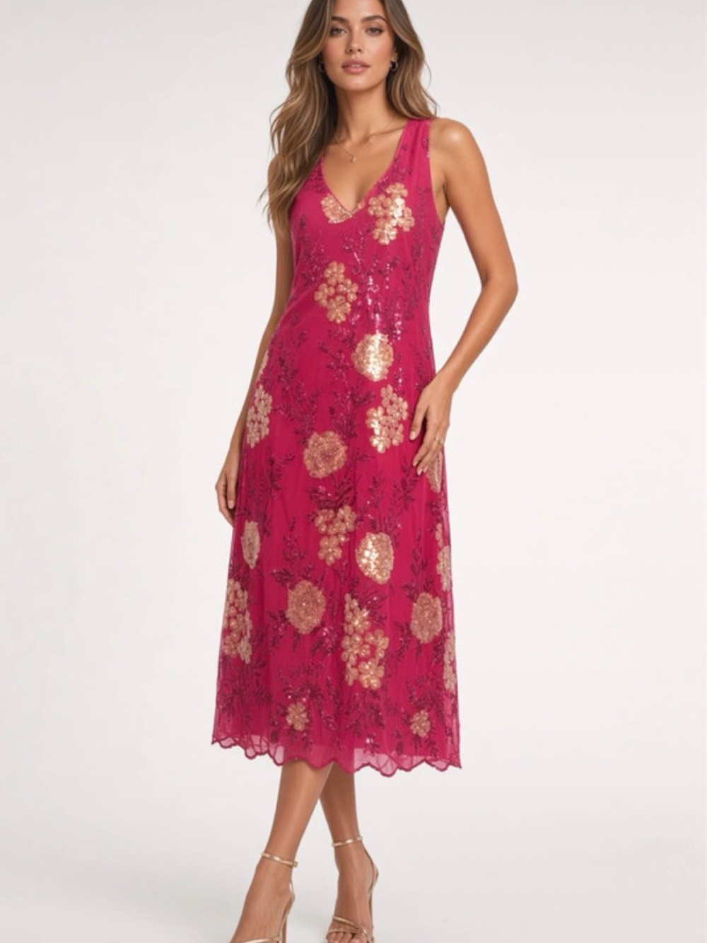 Fuchsia Sequin Floral V-Neck Midi Dress